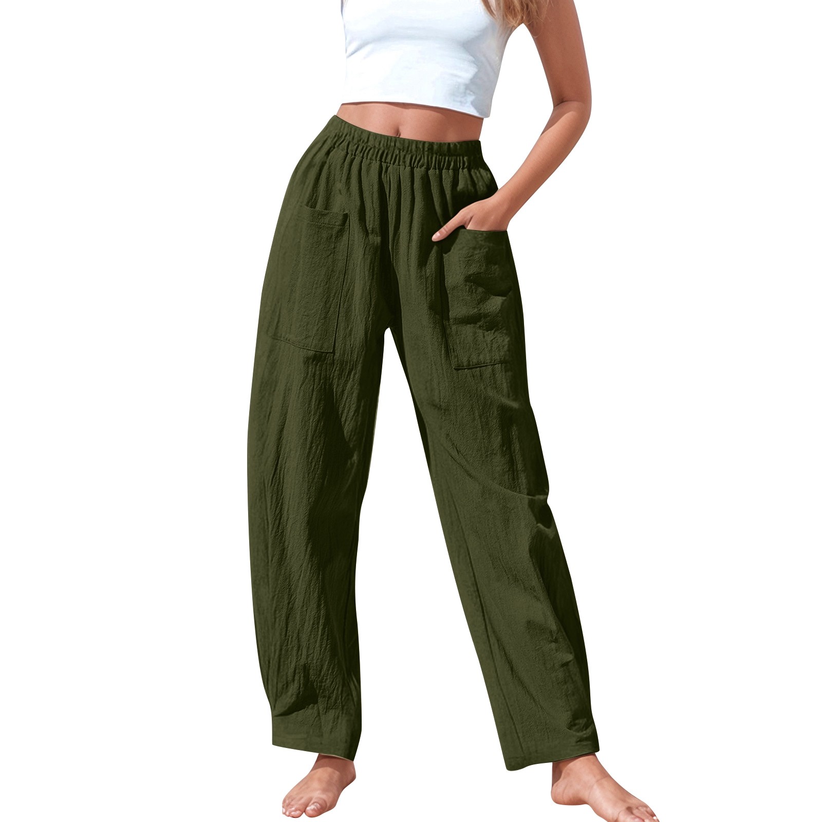 Pantalones elásticos de lino de cintura alta para mujer, informales: pantalones ligeros de verano para hacer ejercicio